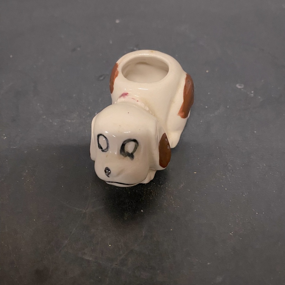 Vintage Ceramic Dog Toothpick Holder Brown Spotted Puppy
